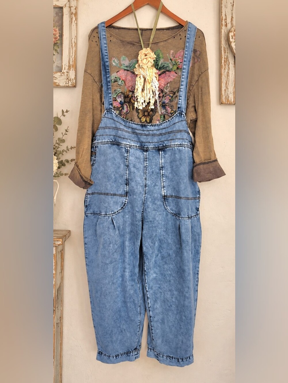 Free Style High Waist Pants Light Blue Denim Overalls Magnolia Look Boho XL NWOT